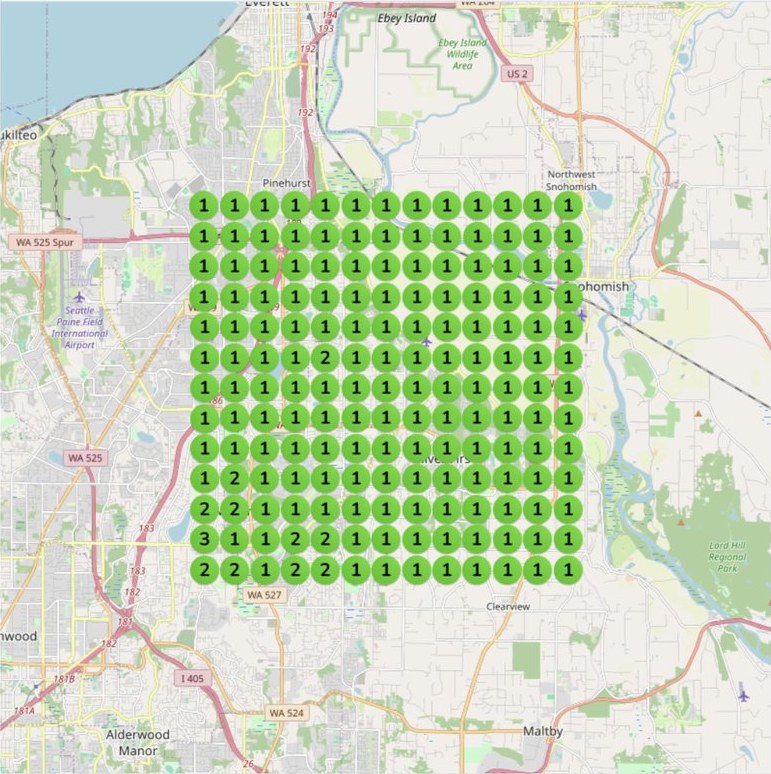 Map of Everett, Washington covered in a 13 by 13 grid of green dots, nearly all showing the number 1
