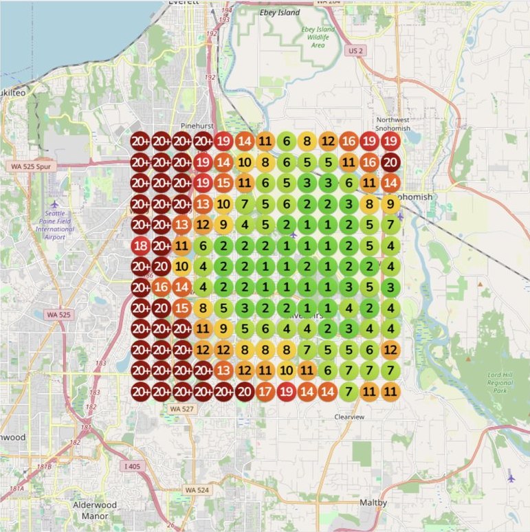 The same map eight weeks earlier: the left half of the grid is dark red dots reading 20 plus, the rest a mix of orange and green numbers