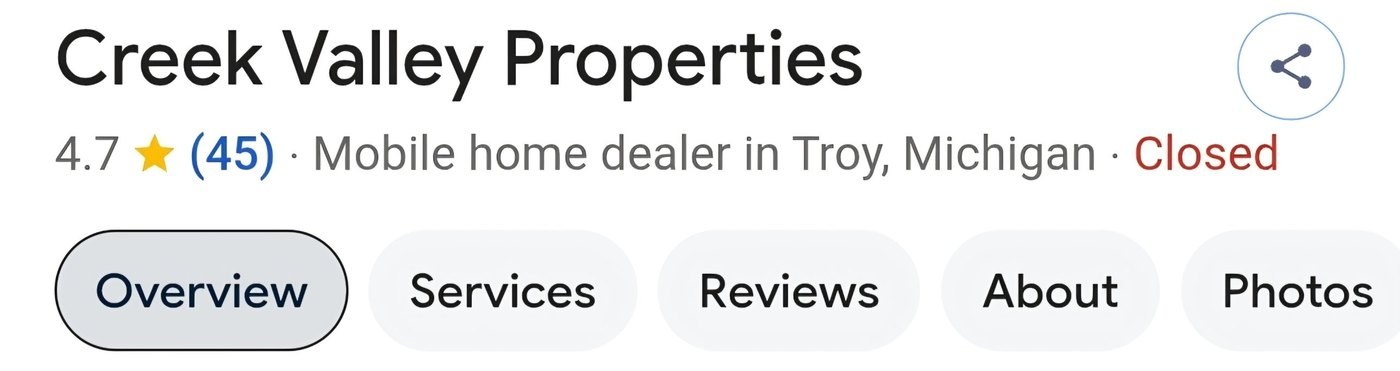 Google listing for Creek Valley Properties: 4.7 stars from 45 reviews, mobile home dealer in Troy, Michigan
